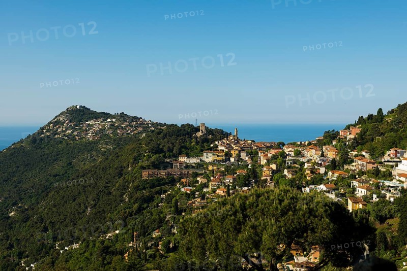 Picturesque mountain village overlooking the sea, La Turbie, near Monaco, Cote d'Azur, Alpes-Maritimes, Provence-Alpes-Cote-d'Azur, South of France, France