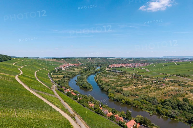 Mainschleife in summer, charburner near Volkach, behind Escherndorf, Nordheim and Vogelsburg, aerial view, Lower Franconia, Franconia, Bavaria, Germany