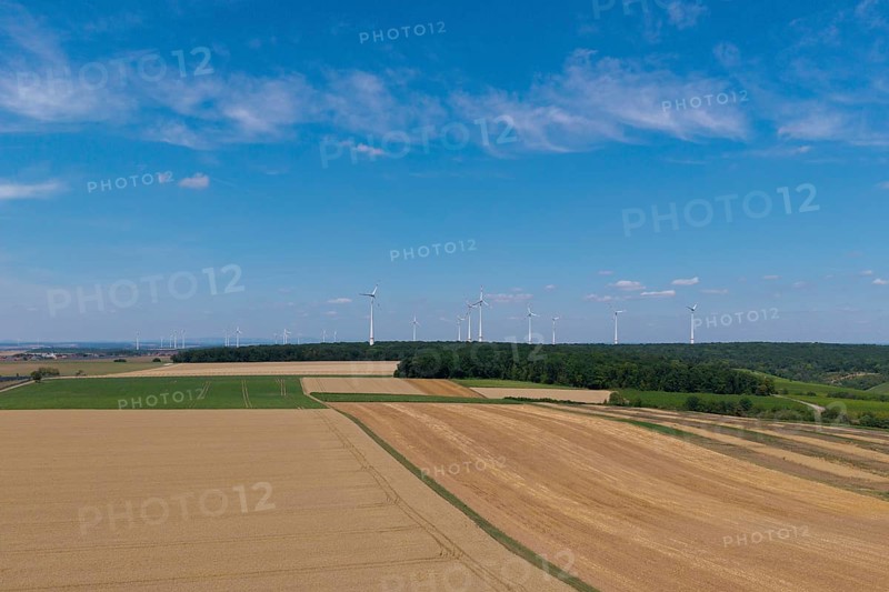 Wide fields with a wind farm on the horizon, under a clear blue sky, near Volkach, aerial view, Mainfranken, Mainschleife, Franconia, Lower Franconia, Bavaria, Germany