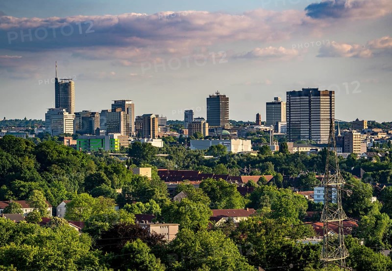 Skyline of Essen city centre, town hall on the right, RWE tower on the left, North Rhine-Westphalia, Germany