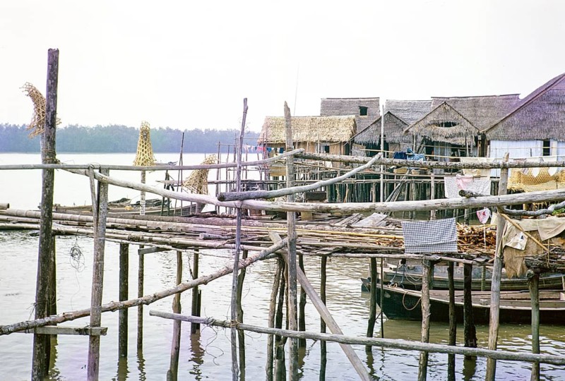 Attap houses and wooden jetties in fishing village on stilts, Singapore, southeast Asia 1963