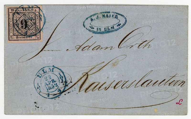9 Kreuzer stamp from Württemberg on a letter to Ulm, 1852, Germany, Historical, digitally restored reproduction from a 19th century original, Record date not stated