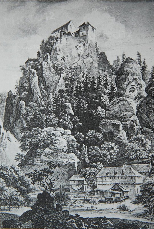 Castle Rabeneck, high medieval noble castle, above the valley of the Wiesent in Franconian Switzerland, around 1850, Bavaria, Germany, Historical, digitally restored reproduction from a 19th century original, Record date not stated