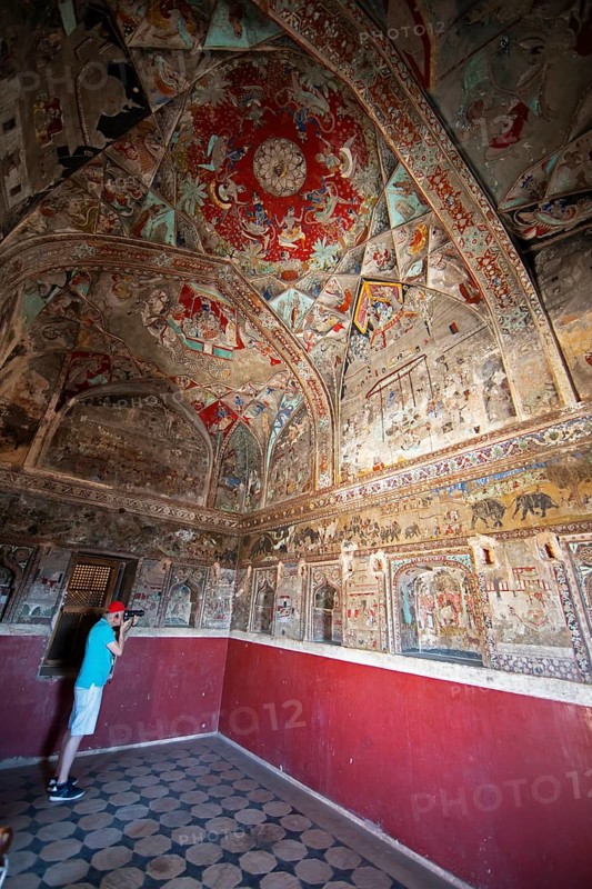 Paintings on the wall and ceiling in the Garh Palace or Rajput Palace, Bundi, Rajasthan, India