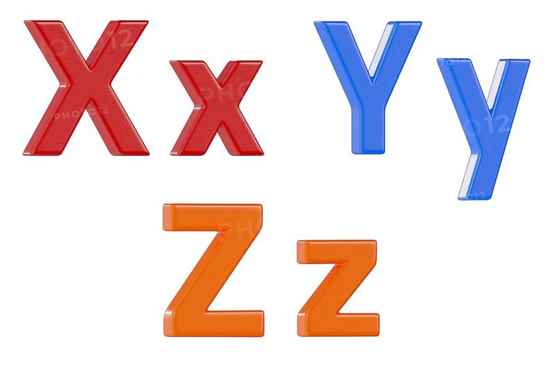 Colorful angled uppercase and lowercase magnetic plastic letters X through Z isolated on a white background