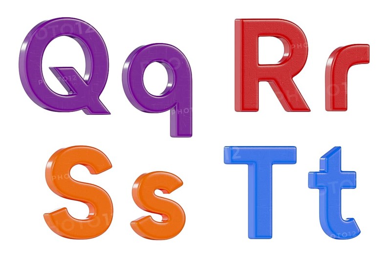 Colorful angled uppercase and lowercase magnetic plastic letters Q through T isolated on a white background