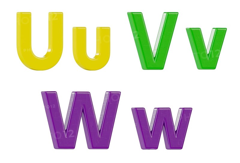 Colorful angled uppercase and lowercase magnetic plastic letters U through W isolated on a white background