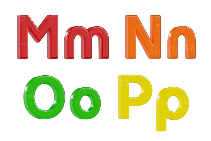 Colorful angled uppercase and lowercase magnetic plastic letters M through P isolated on a white background