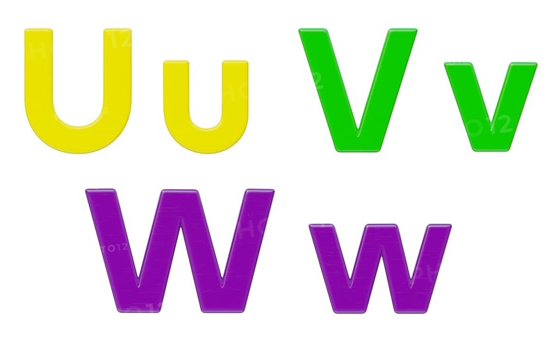 Colorful flat uppercase and lowercase magnetic plastic letters U through W isolated on a white background
