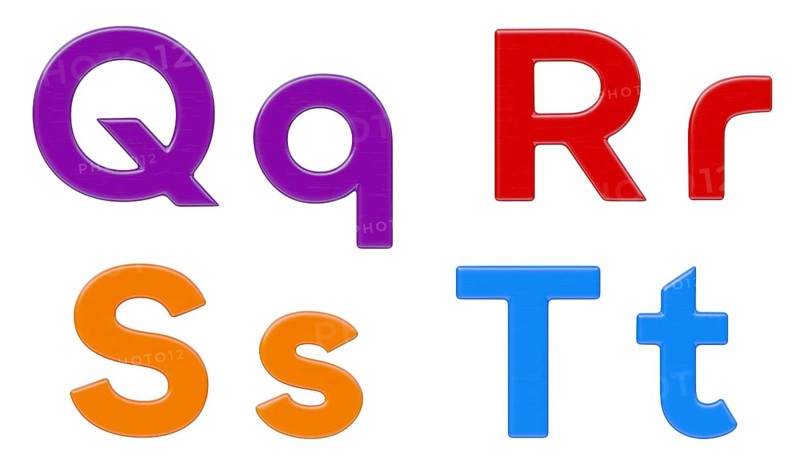 Colorful flat uppercase and lowercase magnetic plastic letters Q through T isolated on a white background