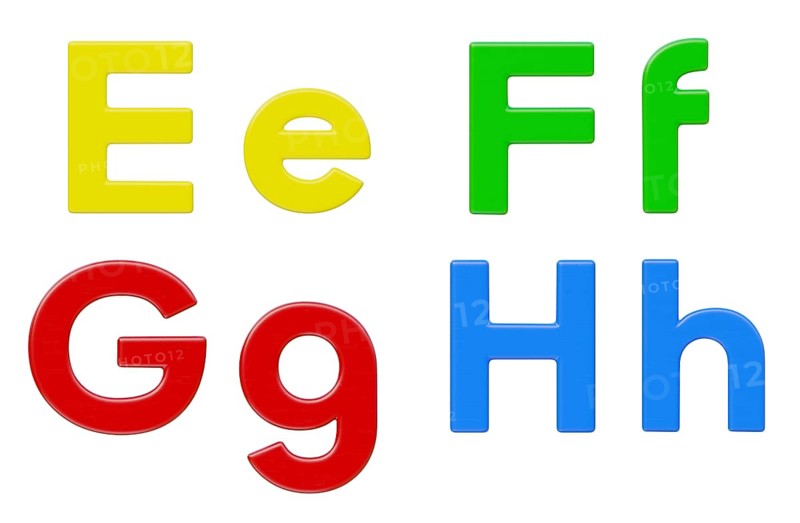 Colorful flat uppercase and lowercase magnetic plastic letters E through H isolated on a white background
