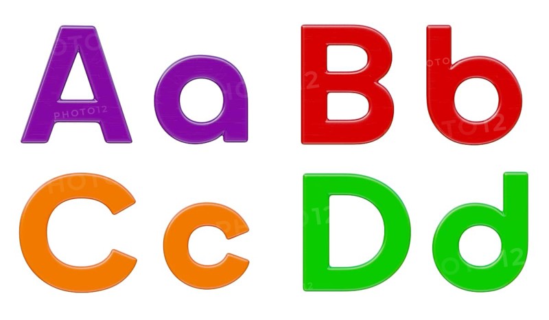 Colorful flat uppercase and lowercase magnetic plastic letters A through D isolated on a white background