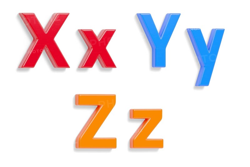Colorful angled uppercase and lowercase magnetic plastic letters X through Z with drop shadows isolated on a white background