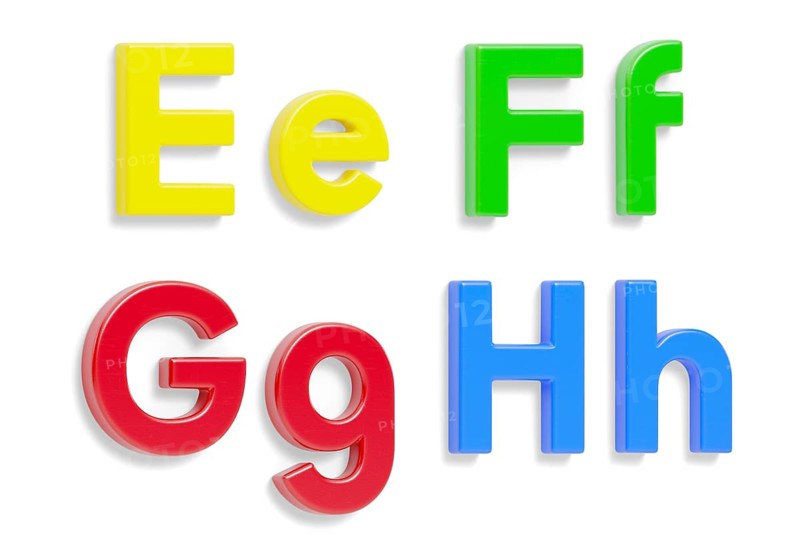 Colorful angled uppercase and lowercase magnetic plastic letters E through H with drop shadows isolated on a white background