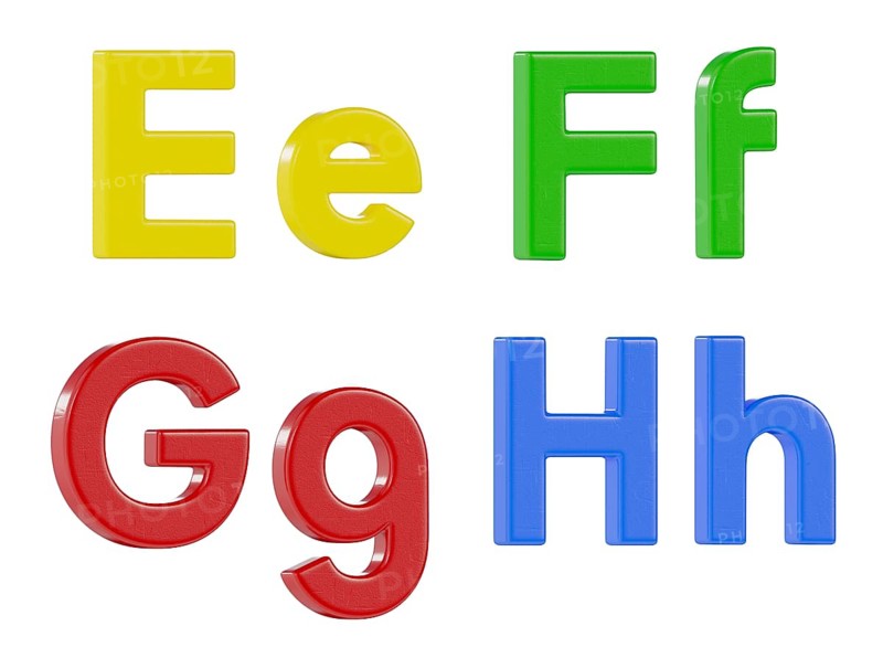 Colorful angled uppercase and lowercase magnetic plastic letters E through H isolated on a white background