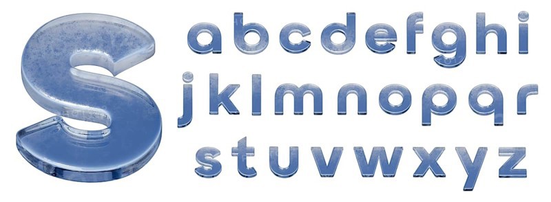 Ice or glass letters of full lowercase alphabet on a white background