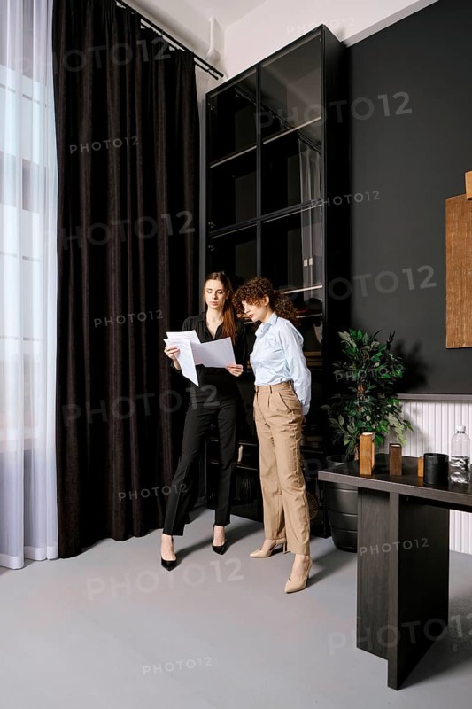Two professional women stand in a sleek office, reviewing important documents. Sunlight filters through sheer curtains, highlighting their focused expressions as they collaborate on a project