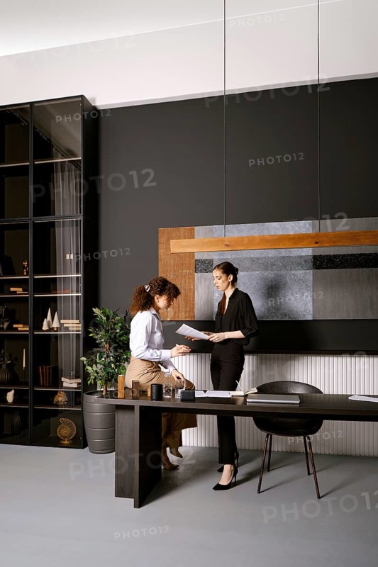 Two businesswomen are looking for a solution of an issue reading papers in an office. One woman stands at a sleek desk reviewing documents while the other sits and takes notes