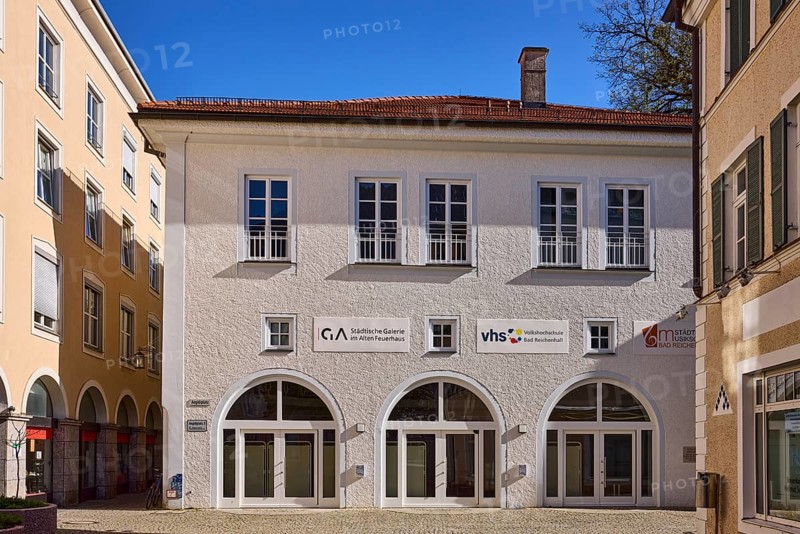 VHS, adult education centre, building, pedestrian zone, facade, window, blue sky, cloudless, Aegidiplatz, Bad Reichenhall, district of Berchtesgadener Land, Bavaria, Germany