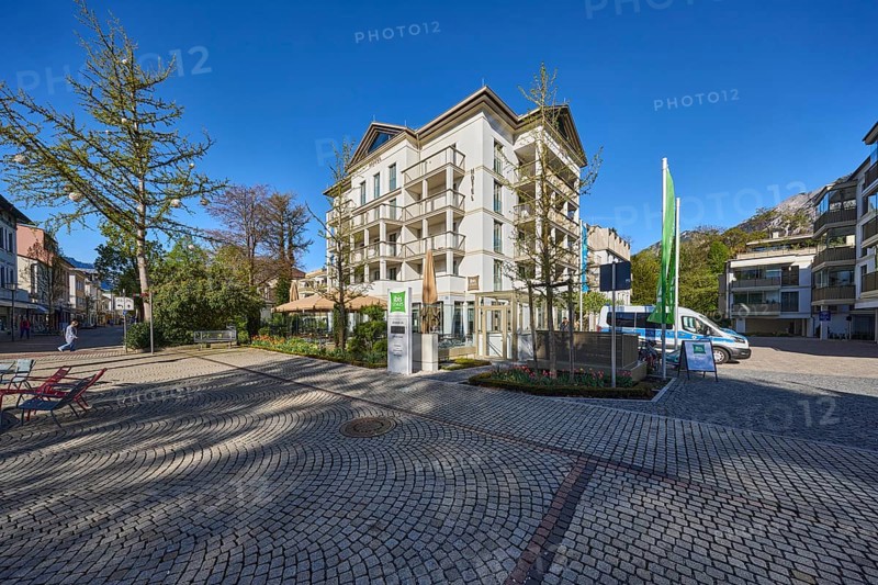 Hotel, ibis Styles, building, pedestrian zone, trees, car park, blue sky, cloudless, Salzburger Straße, Bad Reichenhall, Berchtesgadener Land district, Bavaria, Germany