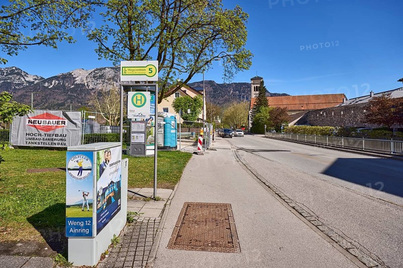 Bus stop Kirchberger Bahnhof - Lattengebirge, general architecture, trees, church, switch box, mountain landscape, mountains, blue sky, cloudless, federal highway 20, Anton-Winkler-Straße, Bad Reichenhall, district Berchtesgadener Land, Bavaria, Germany