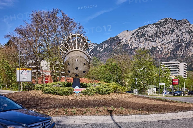 Saltworks roundabout, stainless steel sculpture, salt shaker, trees, lantern, car, mountains, general architecture, blue sky, cirrostratus clouds, roundabout, federal highway 20, Reichenbacher Straße, Bad Reichenhall, district Berchtesgadener Land, Bavaria, Germany