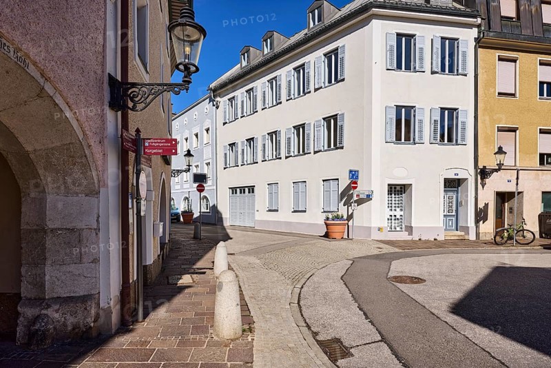 Historic buildings, houses, streets, facade, window, lantern, blue sky, cloudless, crossing Sebastianigasse with Tiroler Straße, Bad Reichenhall, district Berchtesgadener Land, Bavaria, Germany