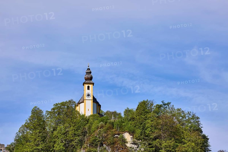 St. Pankraz, Roman Catholic pilgrimage church, Pankrazfelsen, church, mountain landscape, rocks, forest, blue sky, cumulus clouds, cirrostratus clouds, Bad Reichenhall, district Berchtesgadener Land, Bavaria, Germany