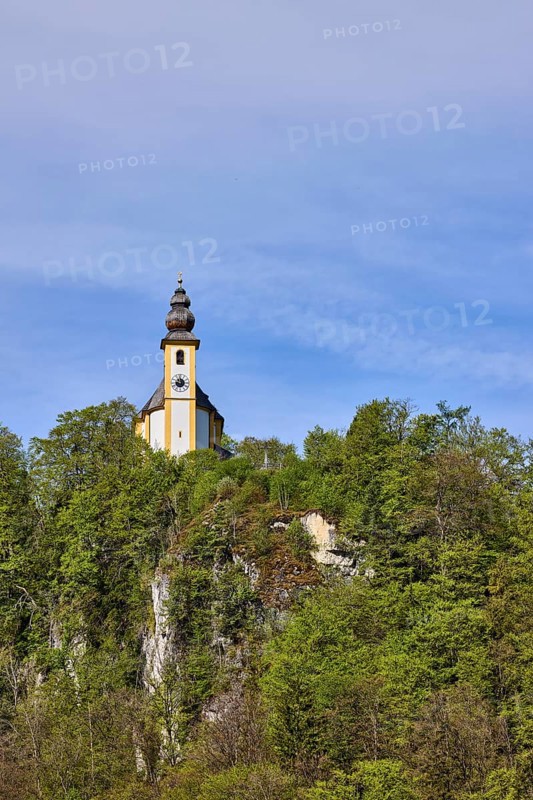 St. Pankraz, Roman Catholic pilgrimage church, Pankrazfelsen, church, mountain landscape, rocks, forest, blue sky, cumulus clouds, cirrostratus clouds, Bad Reichenhall, district Berchtesgadener Land, Bavaria, Germany