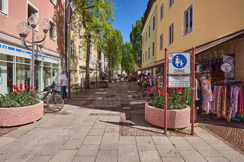Pedestrian zone, traffic sign, houses, general architecture, retail shops, lantern, flower pots, city trees, blue sky, cloudless, Ludwigstraße, Bad Reichenhall, district Berchtesgadener Land, Bavaria, Germany