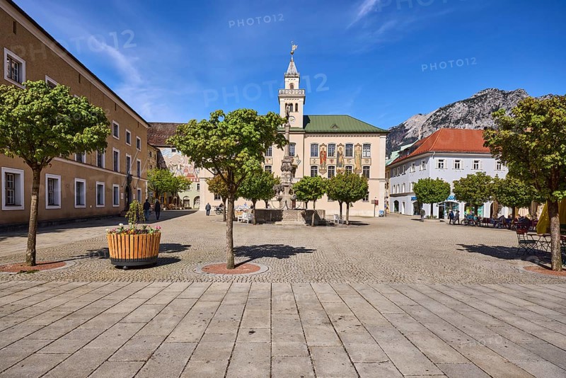 Square, historic town hall, general architecture, trees, flower pots, blue sky, cirrostratus clouds, town hall square, Bad Reichenhall, district Berchtesgadener Land, Bavaria, Germany