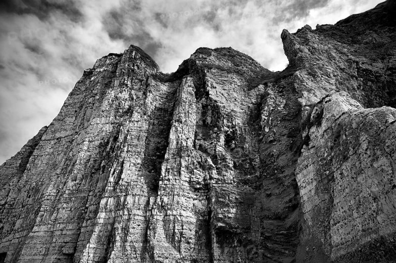 Cliff, cliffs, coastal landscape, rock formation, cloudy sky, black and white, Yport, chalk cliffs, alabaster coast, La Côte d'Albâtre, Normandy, Seine-Maritime, France
