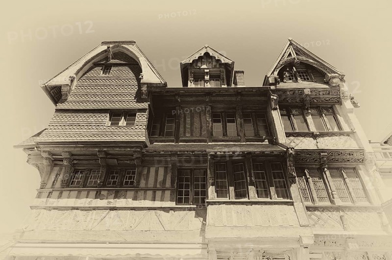 Facade, Hotel Restaurant La Salamandre, black and white, vintage, Étretat, Normandy, Seine-Maritime, France