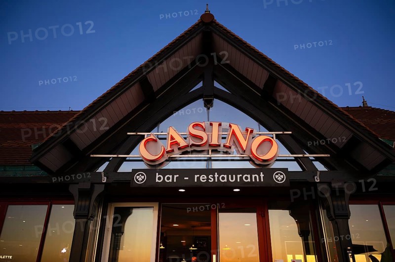 Casino, blue hour, evening, dusk, Étretat, Normandy, Seine-Maritime, France