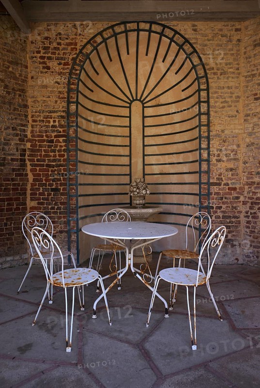 Seating area, seating group, rusty chairs, table, morbid, Maison Maurice Leblanc, museum in the garden and home of the writer known for Arsène Lupin, Étretat, Normandy, Seine-Maritime, France