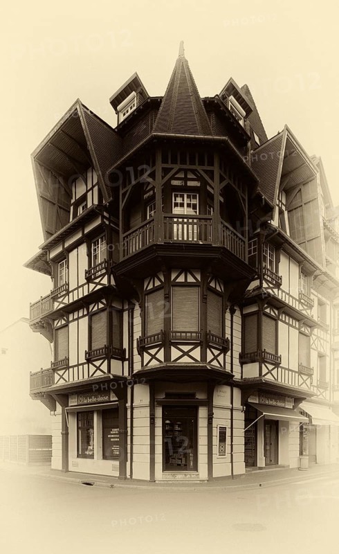 Half-timbered house, black and white, vintage, Étretat, Normandy, Seine-Maritime, France