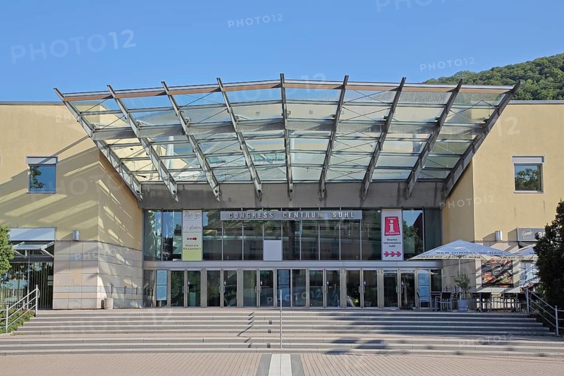 Entrance to the Congress Centrum with vehicle museum, inscription, Congress Centrum, vehicle museum, Suhl, Franconia, Thuringia, Germany
