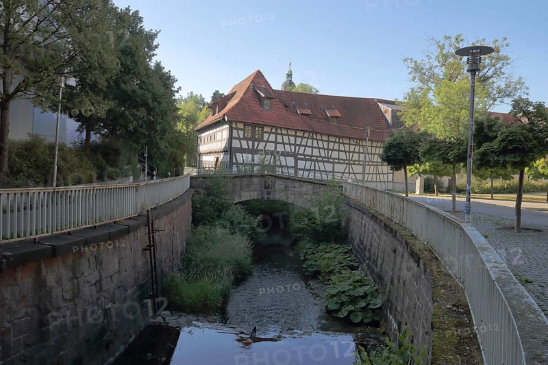 Armoury museum built in 1668, half-timbered house, back, bridge over the Lauter, stream, Suhl, Franconia, Thuringia, Germany