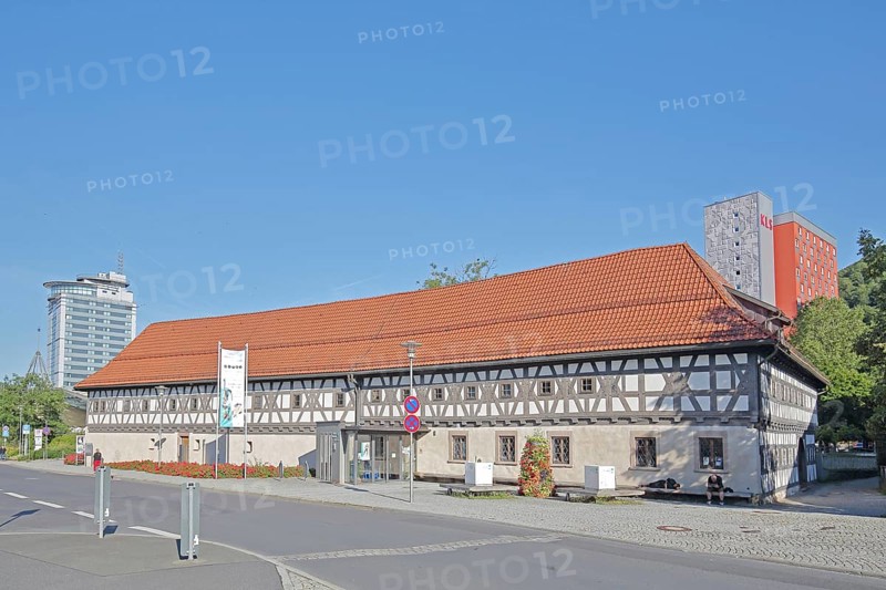 Armoury museum built in 1668, half-timbered house, museum, modern high-rise city hotel, Suhl, Franconia, Thuringia, Germany