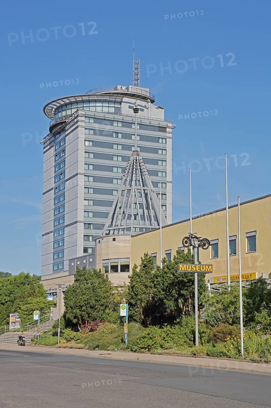 Modern high-rise city hotel and vehicle museum, Congress Centrum, congress, centre, convention centre, inscription, Suhl, Franconia, Thuringia, Germany