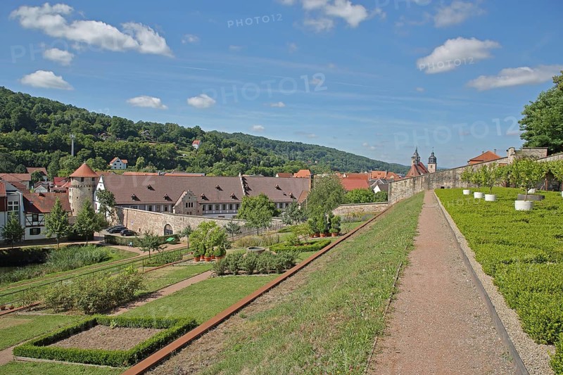 Townscape with powder tower, Thuringian State Office for Land Management and Geoinformation, St George's Church, historic town wall, park, castle park, terraced garden, Schmalkalden, Franconia, Thuringia, Germany