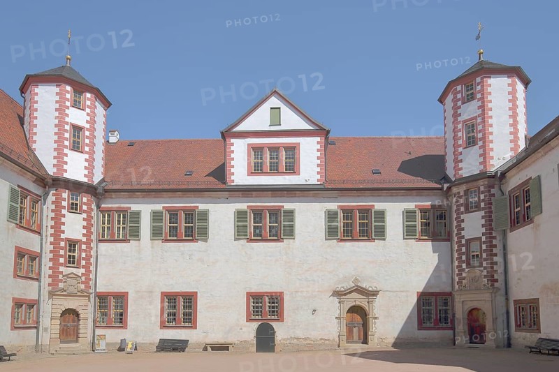 Inner courtyard of the Renaissance Wilhelmsburg Castle with corner turrets, Schmalkalden, Franconia, Thuringia, Germany