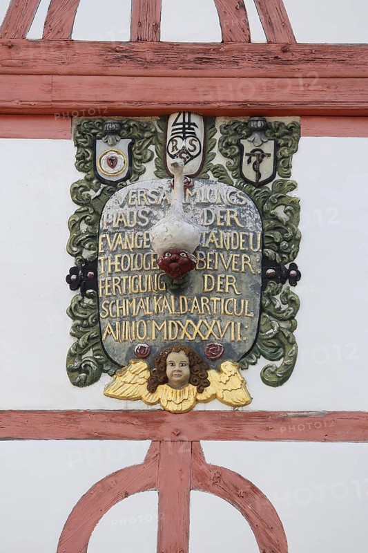 Monument with inscription : assembly house protestant, anno, roman, year, 1537, ornaments, relief, church history, town history, detail, text, Lutherhaus, Schmalkalden