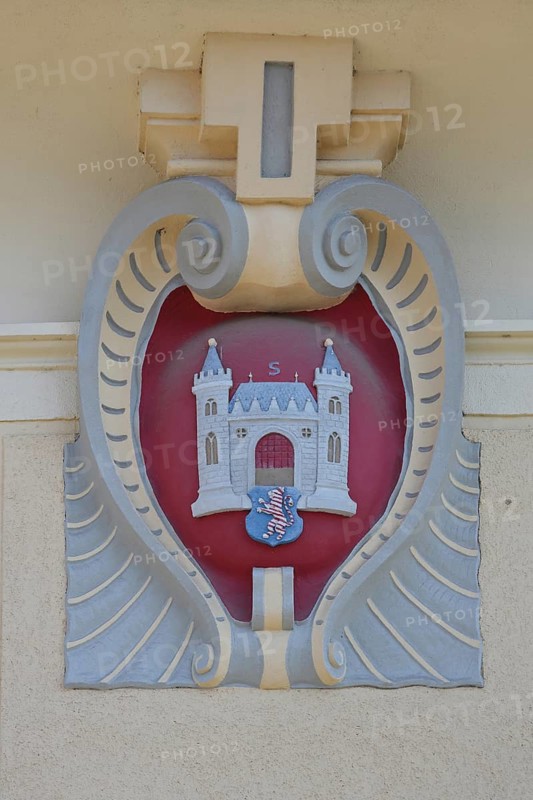City coat of arms with volutes, detail, primary school, Schmalkalden, Franconia, Thuringia, Germany