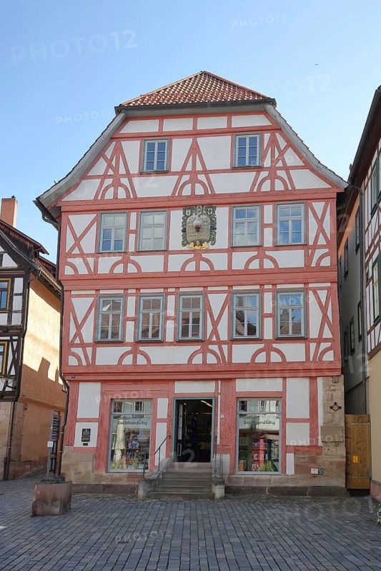 Red half-timbered house, Lutherhaus, Lutherplatz, Schmalkalden, Franconia, Thuringia, Germany