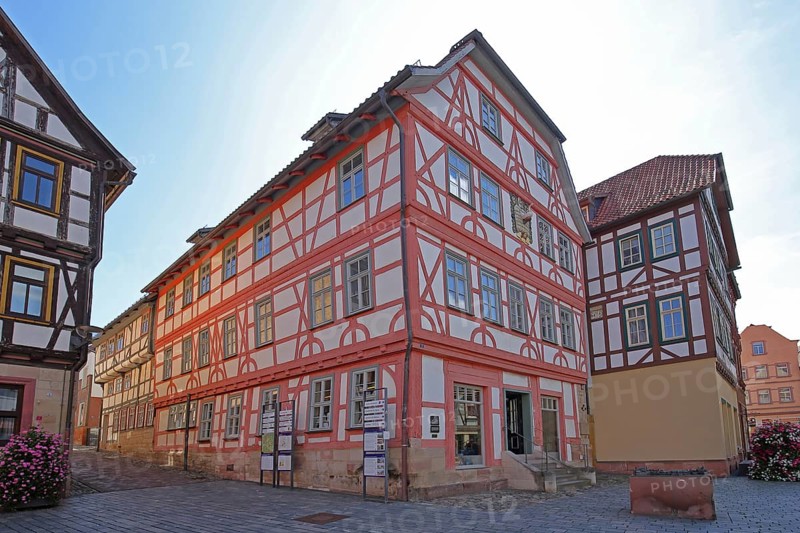 Red half-timbered house, Lutherhaus, Lutherplatz, Schmalkalden, Franconia, Thuringia, Germany