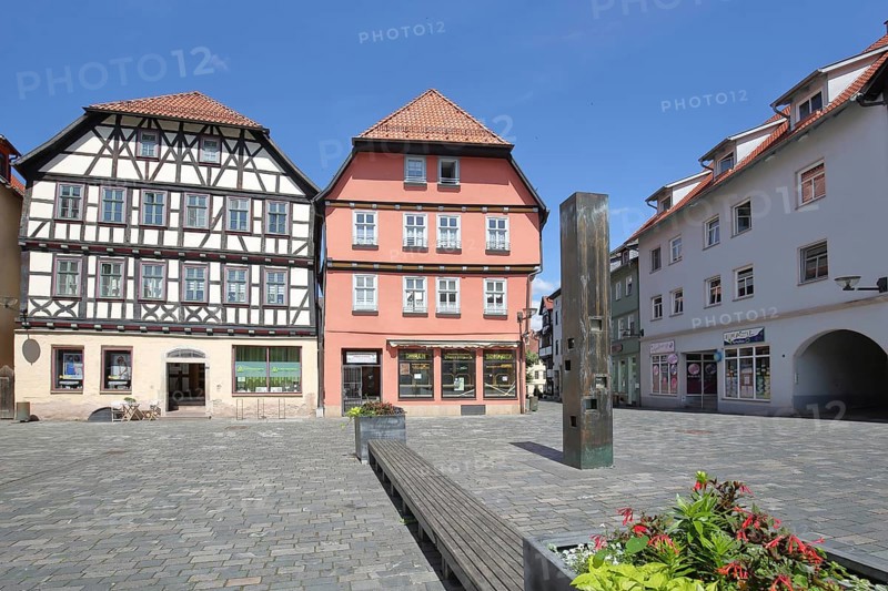 Half-timbered houses and meteorological weather station, weather pillar, measuring station, empty bench, Lutherplatz, Schmalkalden, Franconia, Thuringia, Germany