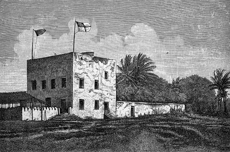 German station house in Bagamoyo, square building, former colony German East Africa, German flag, tropical vegetation, palm trees, Tanzania, historical illustration 1986