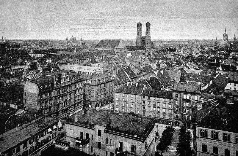 Cityscape of Munich with Roman Catholic Church of Our Lady, Cathedral of Our Lady, twin-towered church, late Gothic architecture, residential building, Bavaria, Germany, historical illustration 1986