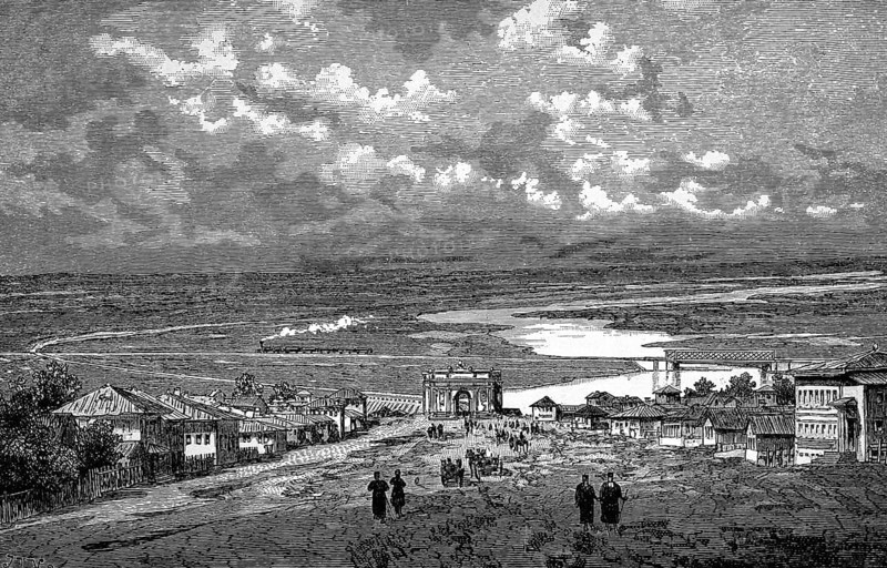 Steppe landscape in the south of Russia, village, city gate, road, water, railway, wide plain, people, historical illustration 1986